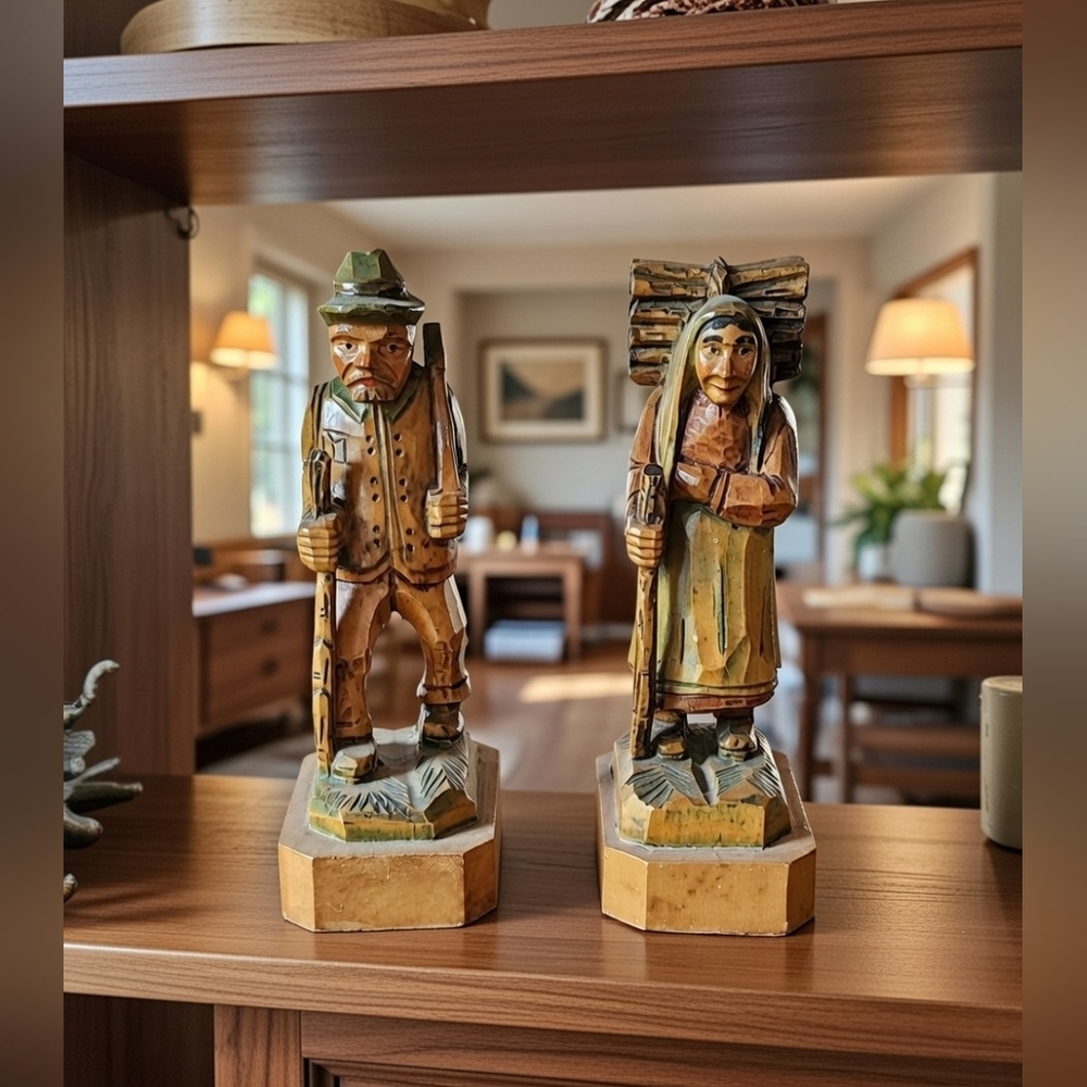 Vintage Hand Carved Wooden Peasant Couple Folk Art Woodcutter Figurines